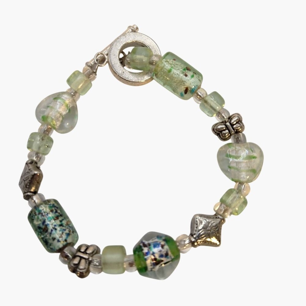 Girls Bracelet Butterfly Green Heart Crystal Glass Bead Valentine T Bar Clasp 6
